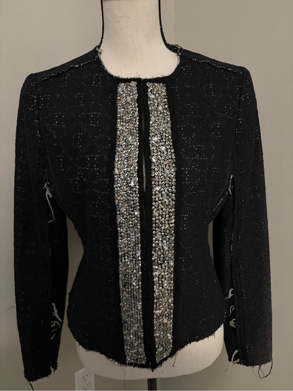 2B.Rych Black Distressed Tweed Jacket with Silver Sequin Trim